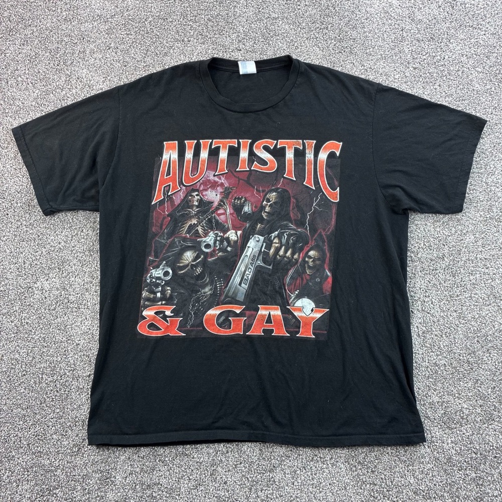 Autistic & Gay Biker Shirt Mens XL Black Cotton Skeleton Graphic Y2K Grunge